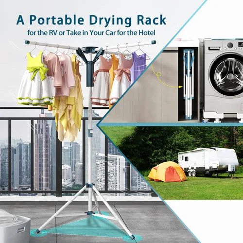 Vista 4 de Trípode Perchero de Secado de Ropa Plegable para Interiores, Perchero de Secado Portátil para Ropa y de Altura Ajustable, Perchero de Secado