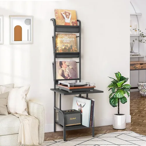 Vista 8 de Soporte para tocadiscos con almacenamiento de vinilos para hasta 200 álbumes, soporte para tocadiscos con estante de exhibición para discos Negro