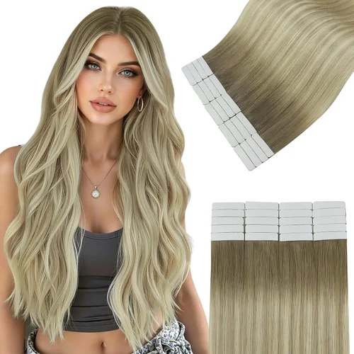 Vista 24 de Easyouth Extensiones de cabello humano rubio con cinta, extensiones de cabello humano rubio blanco, 12 pulgadas, 20 unidades, 1.06 onzas