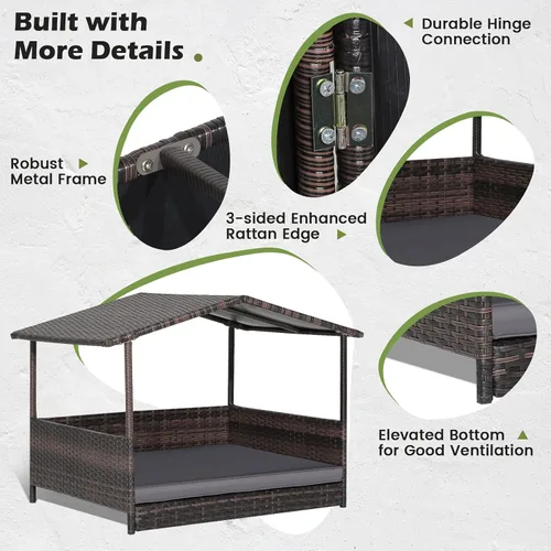 Vista 3 de Tangkula Casa de mimbre para perros, cama elevada de ratán para interiores y exteriores con cojín extraíble, funda lavable, techo impermeable