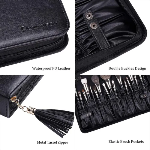 Vista 4 de Rownyeon - Bolsa organizadora de brochas de maquillaje profesional, estuche de cuero, bolso de mano negro portátil de viaje (solo bolsa)