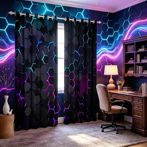 Vista 26 de Cortinas opacas negras de panal de abeja con luces de neón azul real, tratamientos de ventana con estampado geométrico hexagonal, decoración