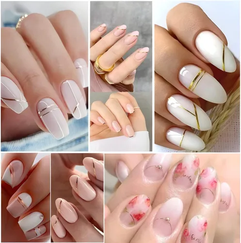 Vista 5 de 8 hojas de calcomanías de uñas de línea dorada, calcomanías autoadhesivas 3D, calcomanías de arte de uñas francesas para uñas acrílicas, suministros