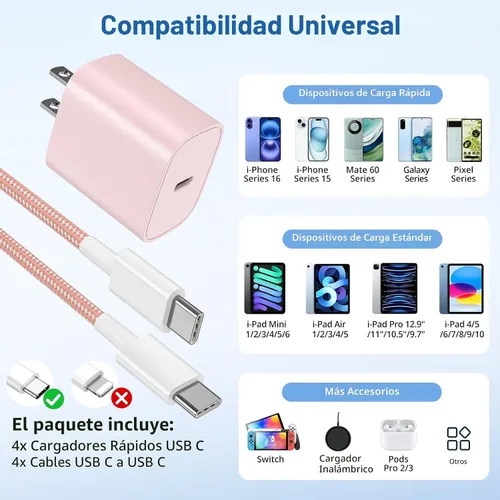 Vista 5 de para iPhone 16 15 Cargador de Carga Rápida [4 Pack] Cargador de Pared USB C de 20W con Cable de Carga USB C de 6 Pies para iPhone 16 15 Pro Max/15