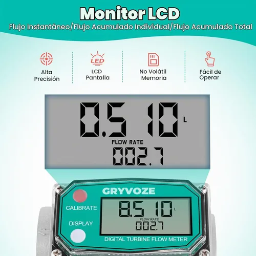 Vista 5 de Medidor de flujo de combustible de turbina digital de 1 pulgada, medidor de flujo de rosca NPT en línea de 2.6-26 GPM con adaptadores de 3/4