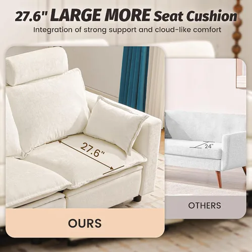 Vista 7 de Sofá reclinable eléctrico de gran tamaño, sofá reclinable de chenilla blanco crema con reposacabezas ajustable, almohadas, juego de muebles