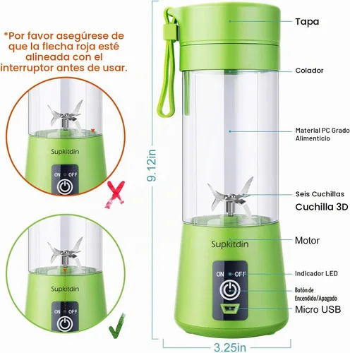 Vista 4 de Licuadora portátil, mezcladora personal de frutas recargable con USB, mini licuadora para batidos, jugo de frutas, batidos de leche, 12.8 fl oz