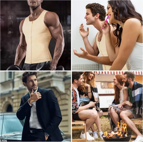 Vista 6 de Eleady Camiseta de compresión para hombre con cremallera para adelgazar el cuerpo, camiseta deportiva sin mangas