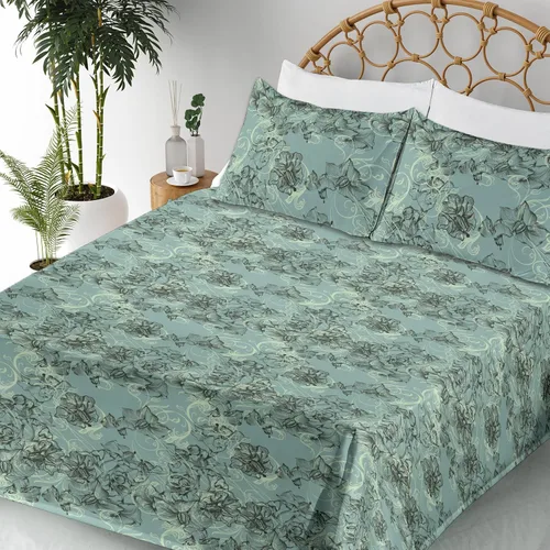 Vista 6 de Ambesonne Juego de sábanas vintage, diseño de curvas de inspiración victoriana, estampado de hojas y flores, sábana bajera y encimera con fundas
