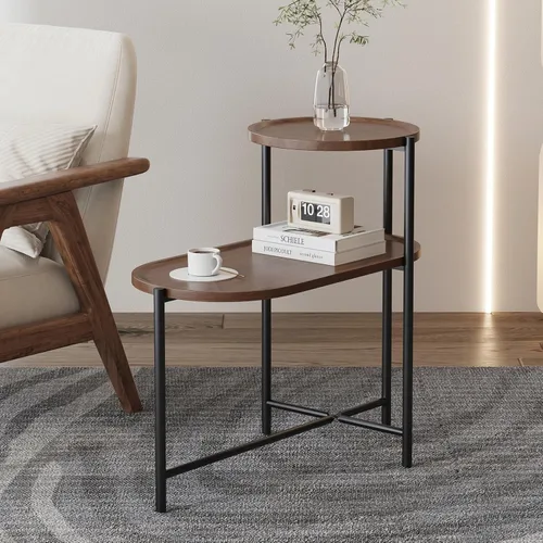 Vista 9 de Mesa auxiliar redonda de 2 niveles con extremo de café irregular, mesa pequeña con marco de metal para sala de estar, dormitorio (negro)