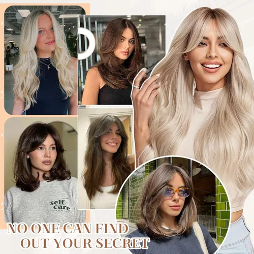 Vista 6 de Hairro Extensiones de flequillo lateral ondulado con clip, 100% cabello humano, 2 piezas con clip en la parte media, flequillo francés, lados