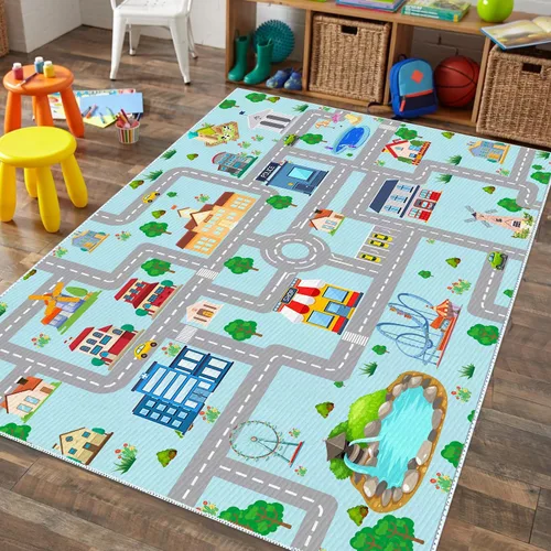 Vista 2 de Alfombra de coche para niños, 2 pies 7 pulgadas x 4 pies, alfombra de juego de tráfico urbano para autos de carreras y juguetes, divertida alfombra