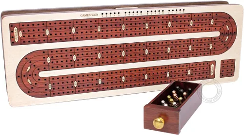 Vista 4 de House of Cribbage - Tabla de cuna continua con incrustaciones de madera de arce, madera de sangre, 4 pistas, espacio de almacenamiento separado