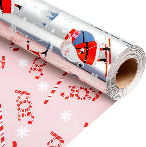 Vista 9 de Homeral Rollo de papel de regalo de Navidad, Papá Noel, muñeco de nieve y lazo y bastones de caramelo rosados, envoltura de regalo reversible