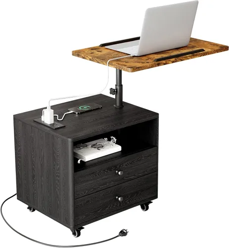 Vista 13 de Mesa auxiliar estrecha con estación de carga y ruedas, mesa auxiliar de sofá estrecha móvil con puertos USB y salidas para espacio pequeño, sala