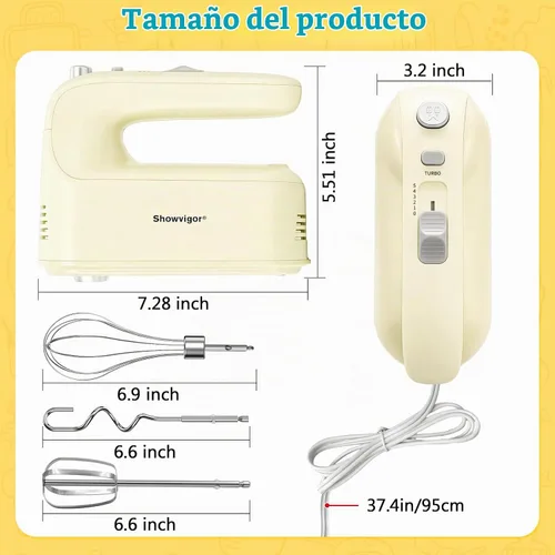 Vista 2 de Batidora de mano eléctrica, batidora de mano de 300 W con 5 accesorios de acero inoxidable, 5 velocidades ajustables + Turbo Boost y autocontrol