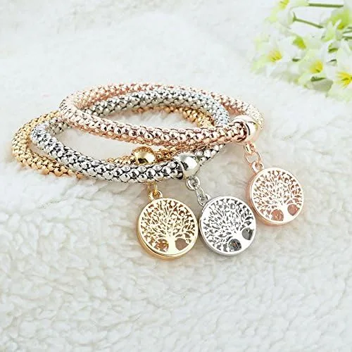 Vista 5 de Long Way 3 pulseras de abalorios chapados en oro rosa y plata para mujer, pulsera elástica multicapa de cristal