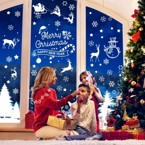Vista 6 de GRACCEE - 9 hojas de calcomanías navideñas para ventana, diseño de árbol, muñeco de nieve, copos de nieve, renos para decoración de vidrio