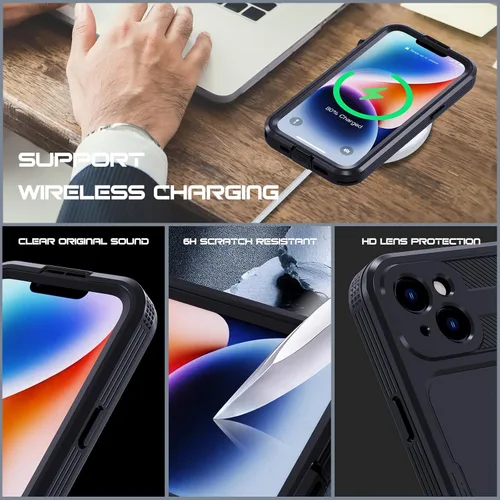 Vista 6 de Funda impermeable para iPhone 14 con protector de pantalla integrado, a prueba de polvo, a prueba de golpes, a prueba de caídas, cubierta protectora