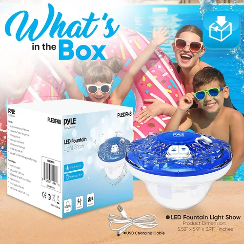 Vista 2 de Pyle Fuente flotante para piscina con espectáculo de luz LED de 6 modos, resistencia al agua IP68, batería recargable incorporada, rociador flotante