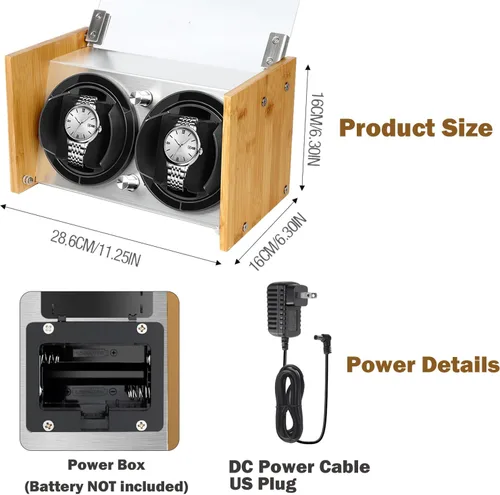 Vista 6 de Bobinadora de reloj de bambú para 2 relojes automáticos grandes a pequeños de Watch Winder Smith