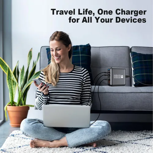 Vista 6 de Bloque de cargador rápido USB C, adaptador de concentrador de estación de carga de 120 W, 6 puertos, cargador múltiple de pared USB C con Negro