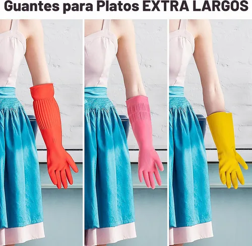 Vista 3 de ThxToms Guantes de goma para limpieza de platos (2 pares), forro polar suave, reutilizables, impermeables, con puño extra largo y agarre