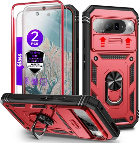 Vista 22 de Funda para Pixel 9 Pro XL con cubierta deslizante para cámara, 2 protectores de pantalla de vidrio templado, soporte de anillo giratorio de 360°
