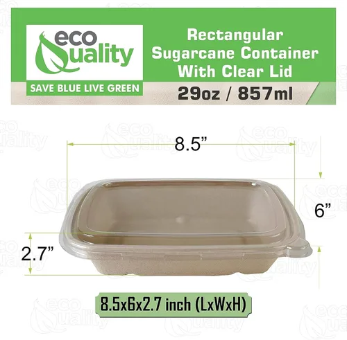 Vista 2 de EcoQuality Cuencos desechables de 29 onzas con tapas transparentes, cuencos rectangulares de papel biodegradable de fibra de caña de azúcar