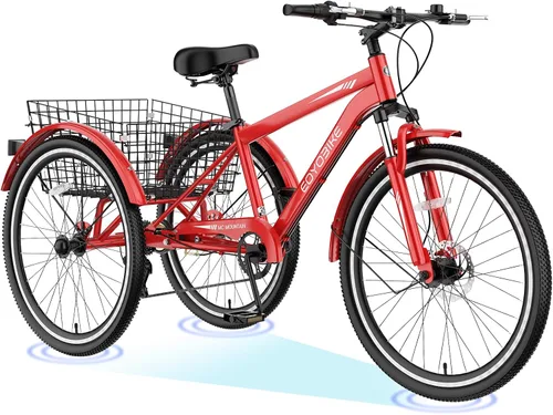 Vista 34 de H&ZT Triciclo para adultos, bicicleta de 3 ruedas, triciclo crucero, con cambio de 7 velocidades, manilla de freno de estacionamiento, paso bajo