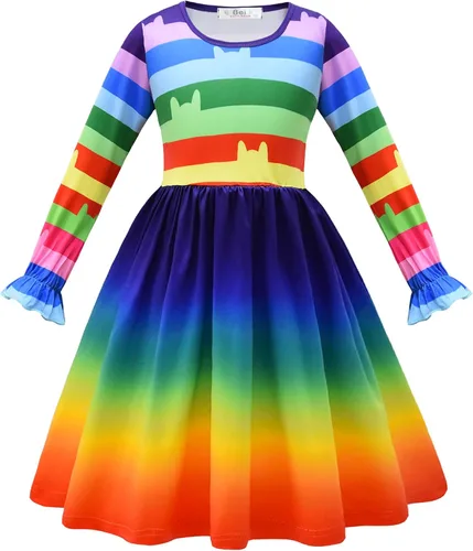 Vista 2 de SHELOVESIT Vestido de arcoíris para cumpleaños de niñas, vestido de juego de casa de muñecas, disfraz de gato arcoíris con diadema