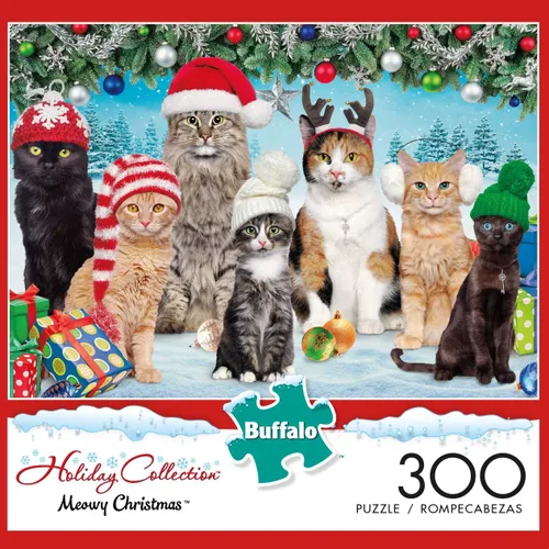 Vista 2 de Buffalo Games - Meowy Christmas - Rompecabezas navideño de 300 piezas - Rompecabezas colorido y festivo para adultos - Piezas cortadas