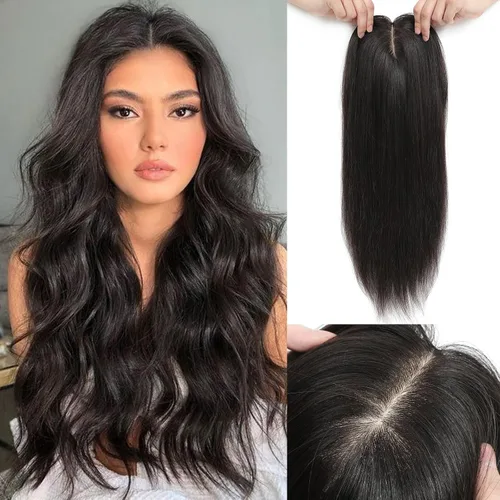 Vista 11 de Aimeolyn Toppers de cabello para mujer, cabello humano real, sin flequillo, extensiones de cabello superior para adelgazar, base de encaje Haisr