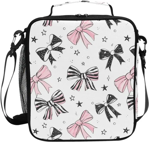 Vista 28 de Lonchera con patrón de cuadros blancos y negros, bolsa de almuerzo aislada, bolsa de preparación para niños, correa de hombro congelable a001