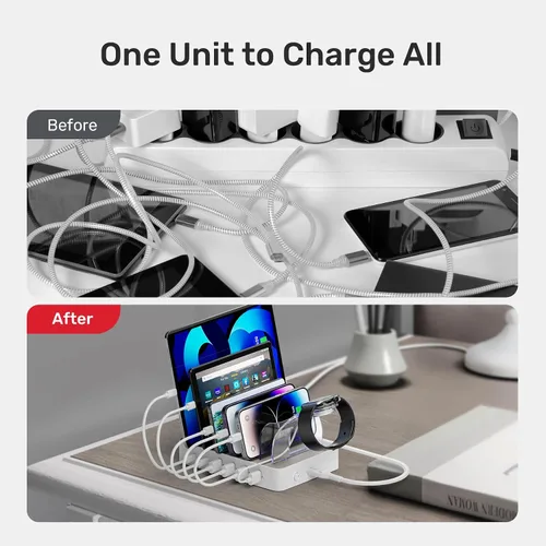 Vista 5 de Unitek Estación de carga USB múltiple – Base de carga USB C de 6 puertos con 2 PD de 20 W, organizador de estación de carga de múltiples