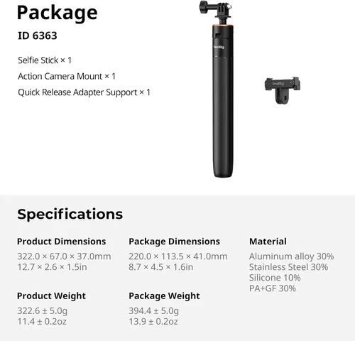Vista 8 de SmallRig Trípode de palo selfie extensible de 59 pulgadas para cámara de acción, con adaptador bidireccional de liberación rápida para Osmo Action