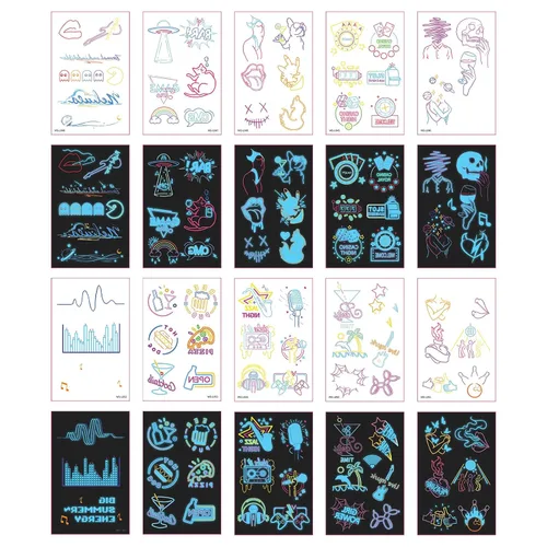 Vista 2 de 56 diseños que brillan en la oscuridad tatuajes (10 hojas) – Tatuajes temporales luminiscentes azules, suministros de fiesta brillantes para fiestas