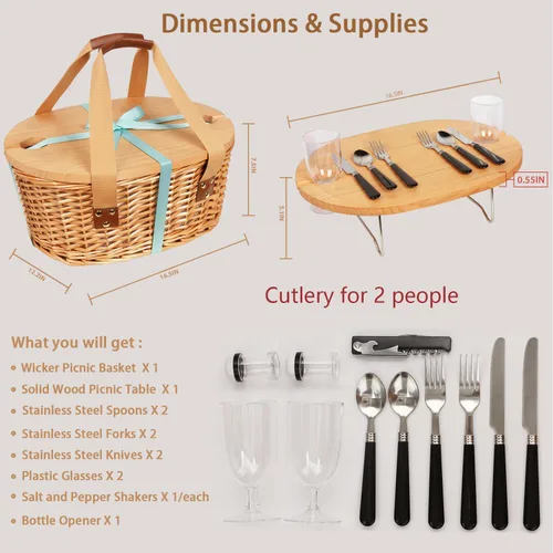 Vista 5 de Hap Tim Juego de Cesta de Picnic de Mimbre para 2 con Mini Mesa Plegable de Vino para Picnic y Bolsa Refrigeradora Grande Aislada y Kits de Servicio