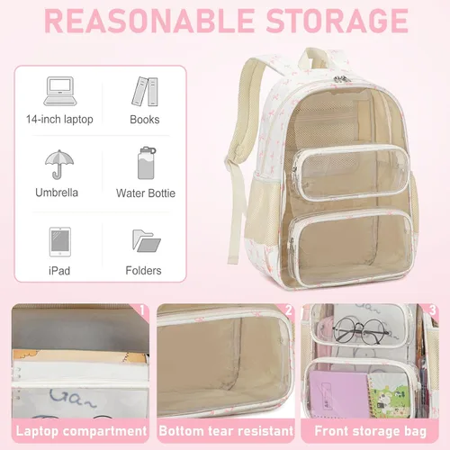 Vista 179 de CAMTOP Mochila transparente resistente y transparente para estudiantes, escuela, trabajo, festival, viajes, deportes, Beige, Mediana, Camtop Mochila