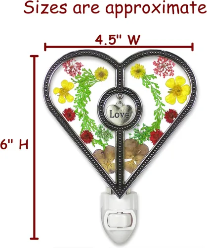 Vista 3 de BANBERRY DESIGNS Luz nocturna de corazón de amor con flores prensadas – Colgante grabado – Regalo decorativo y funcional – Medidas 4.5 pulgadas