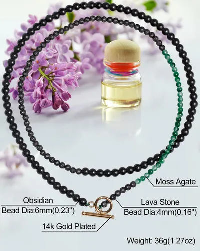 Vista 7 de Gargantilla con cuentas de piedra de lavaobsidiana negraágata musgo para mujer, difusor de aceite esencial, cristales curativos y piedras preciosas