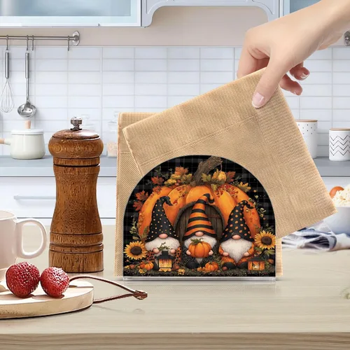 Vista 6 de Servilletero de otoño de gnomo negro para mesa, dispensadores de pañuelos acrílicos, servilleteros de cóctel para bodas, fiestas, eventos