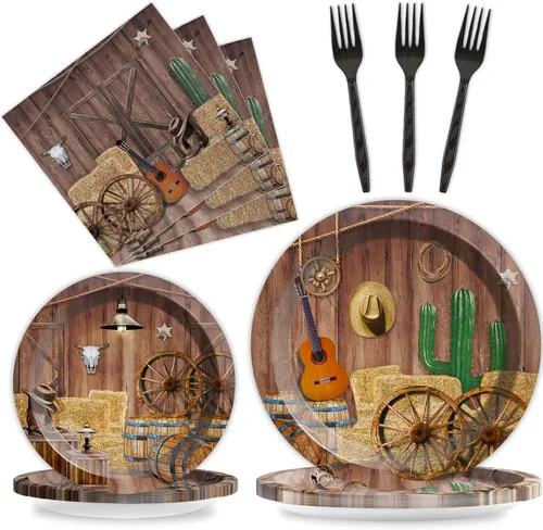 Vista 7 de Tevxj Juego de vajilla de 96 piezas para fiesta mexicana de feliz cumpleaños, platos de postre desechables, platos de fiesta, servilletas, tenedores
