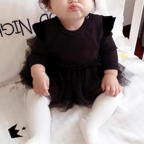 Vista 2 de Maemukilabe Infant Newborn Baby Girl Ruffle Sleeve Dress Romper 2Pcs Tulle Bodysuit Headband Set Christmas Halloween Clothes