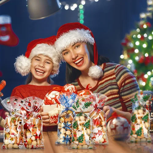 Vista 7 de Outus 200 bolsas de celofán para regalos de Navidad, bolsas de celofán de Navidad de plástico con lazos para dulces, galletas, golosinas, envoltorio