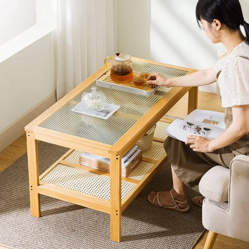 Vista 3 de Gdrasuya10 Mesa de centro moderna de bambú para sala de estar, mesa auxiliar rectangular de 2 niveles, mesa central de vidrio, estante