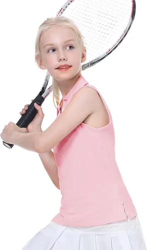 Vista 2 de EXARUS Camisetas polo de golf para niñas, sin mangas, cuello en V, tenis, atléticas, para ejercicio escolar de 5 a 12 años