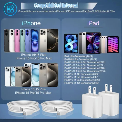 Vista 3 de Cargador para iPhone 17, 16, 15 Pro, carga rápida, bloque de cargador de teléfono USB C de 20 W, paquete de 2 cargadores rápidos de Apple iPhone