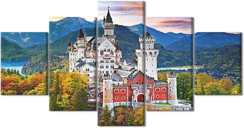 Vista 20 de TUMOVO 5 piezas de arte en lienzo para pared, hermoso castillo de piedra de cisne con paisajes naturales de selva al atardecer, paisajes naturales