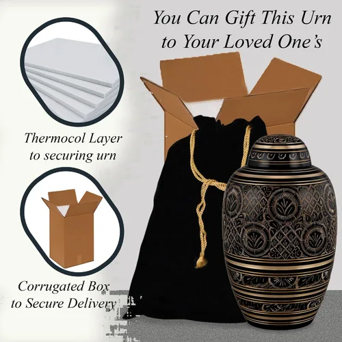Vista 7 de Forever URNS Urna de cremación para adultos con acabado grabado a mano de latón negro Beauty para cenizas humanas de mujeres y hombres, 200 pulgadas